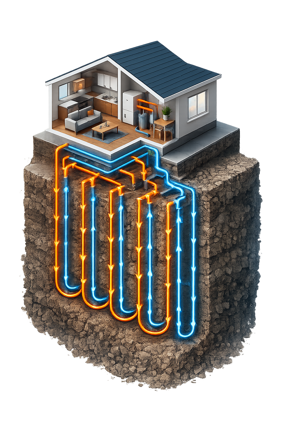 3D cross-section of a geothermal heat-pump system - underground loops exchanging heat with the earth